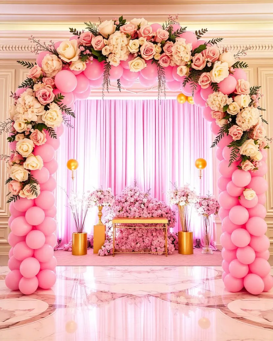 Pink balloon and floral arch with draped celebration backdrop